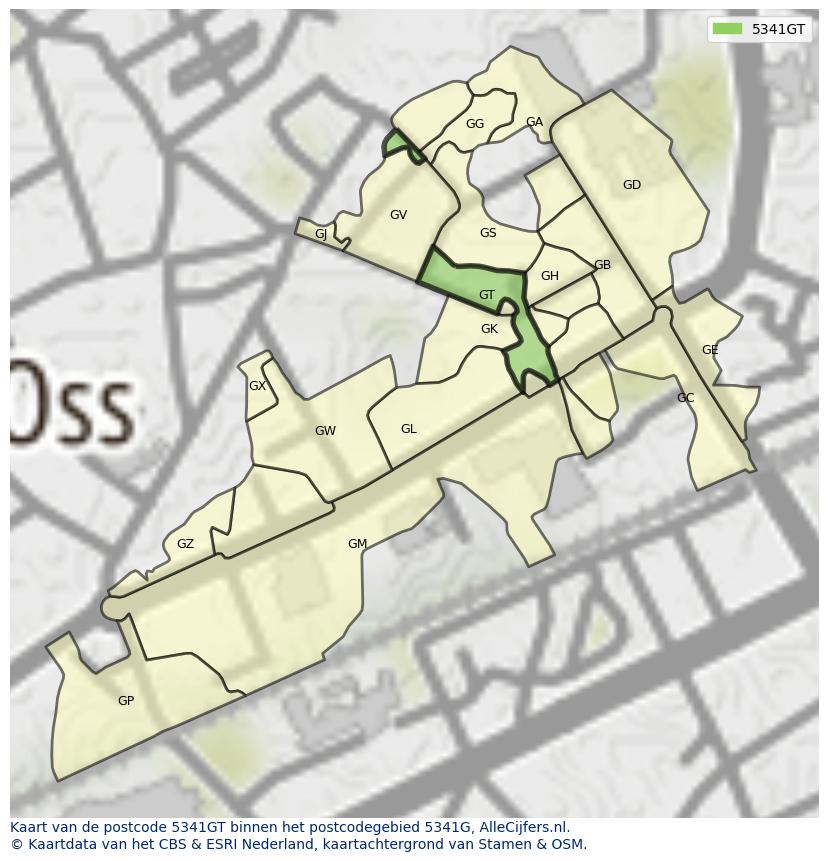 Afbeelding van het postcodegebied 5341 GT op de kaart.