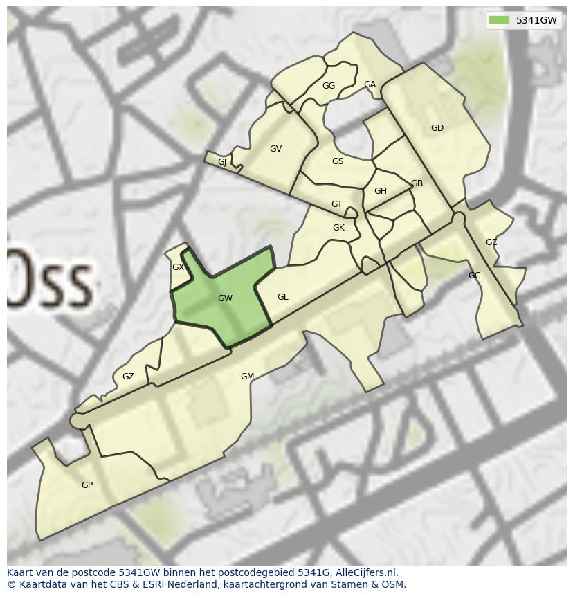 Afbeelding van het postcodegebied 5341 GW op de kaart.