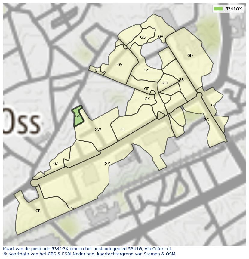 Afbeelding van het postcodegebied 5341 GX op de kaart.