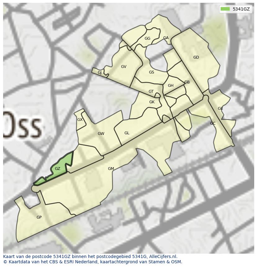 Afbeelding van het postcodegebied 5341 GZ op de kaart.