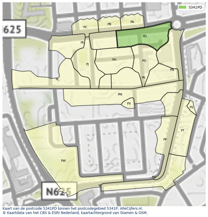 Afbeelding van het postcodegebied 5341 PD op de kaart.