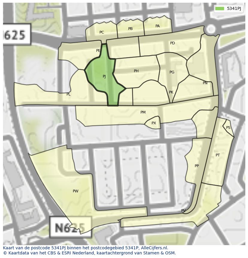 Afbeelding van het postcodegebied 5341 PJ op de kaart.