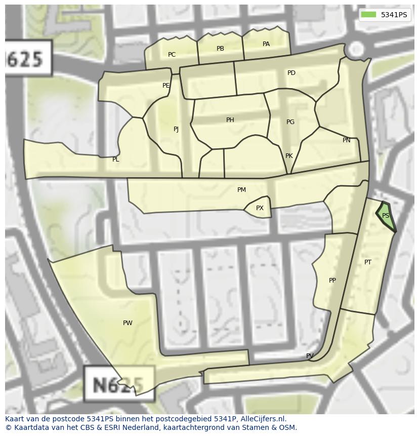 Afbeelding van het postcodegebied 5341 PS op de kaart.