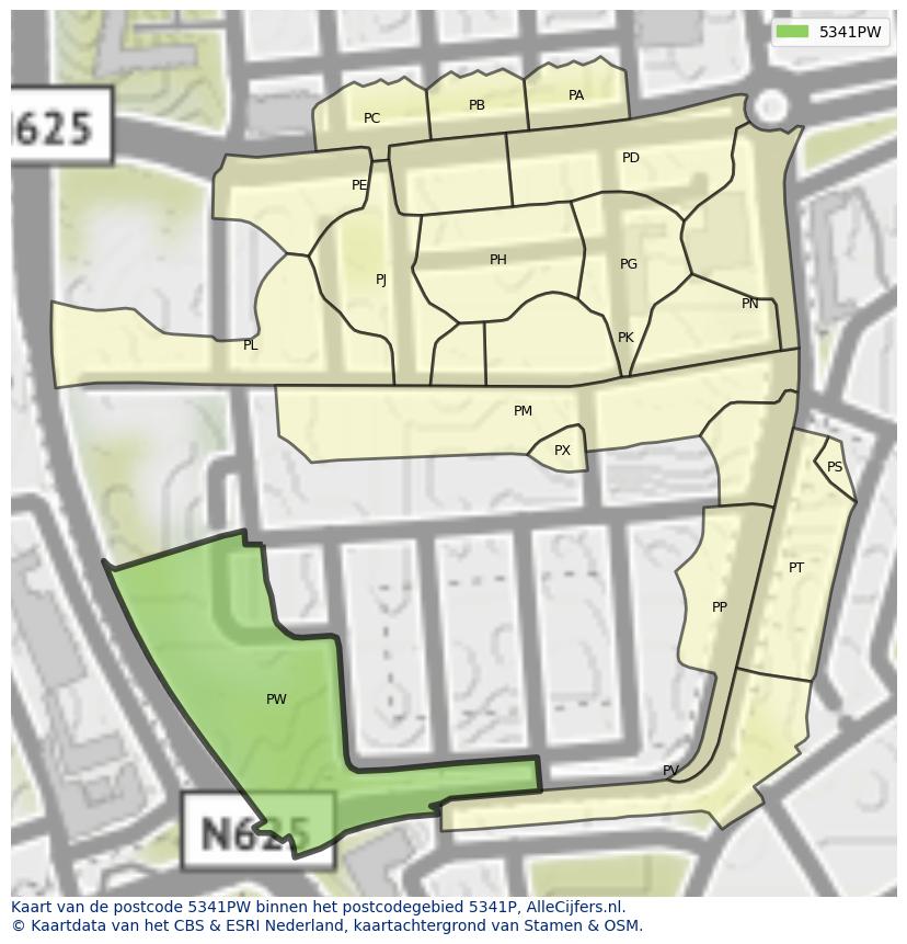 Afbeelding van het postcodegebied 5341 PW op de kaart.