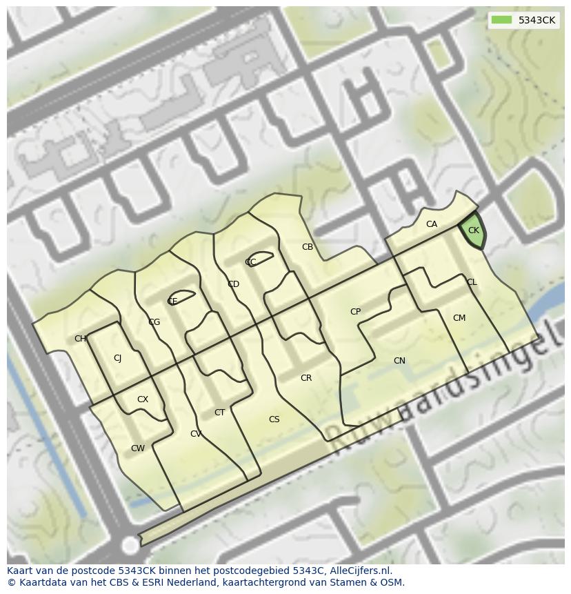 Afbeelding van het postcodegebied 5343 CK op de kaart.