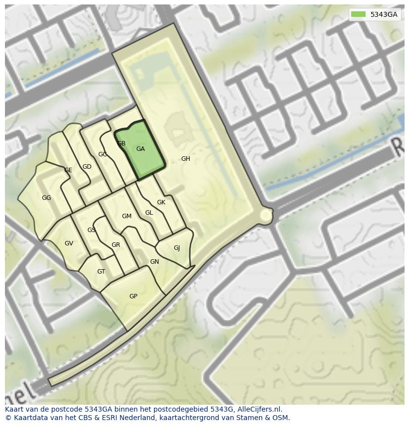 Afbeelding van het postcodegebied 5343 GA op de kaart.
