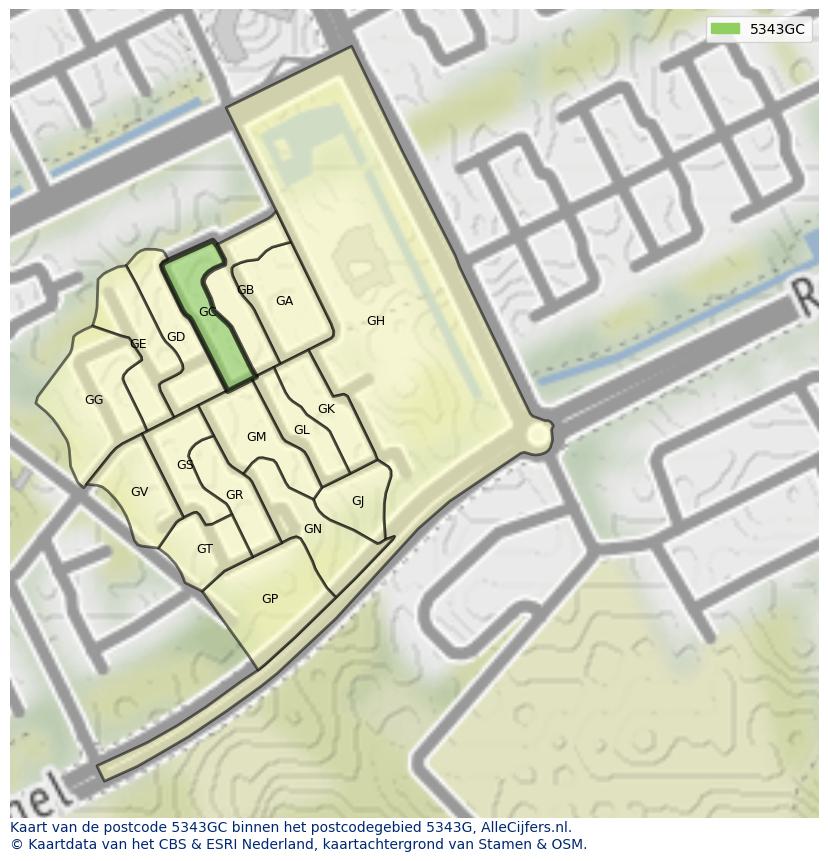 Afbeelding van het postcodegebied 5343 GC op de kaart.