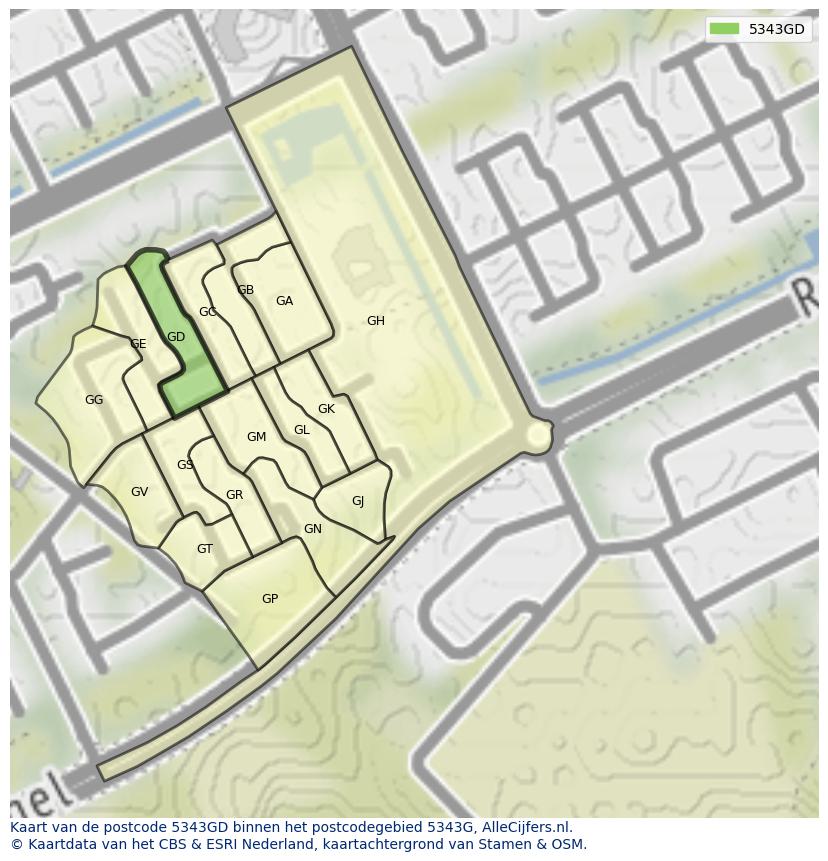 Afbeelding van het postcodegebied 5343 GD op de kaart.