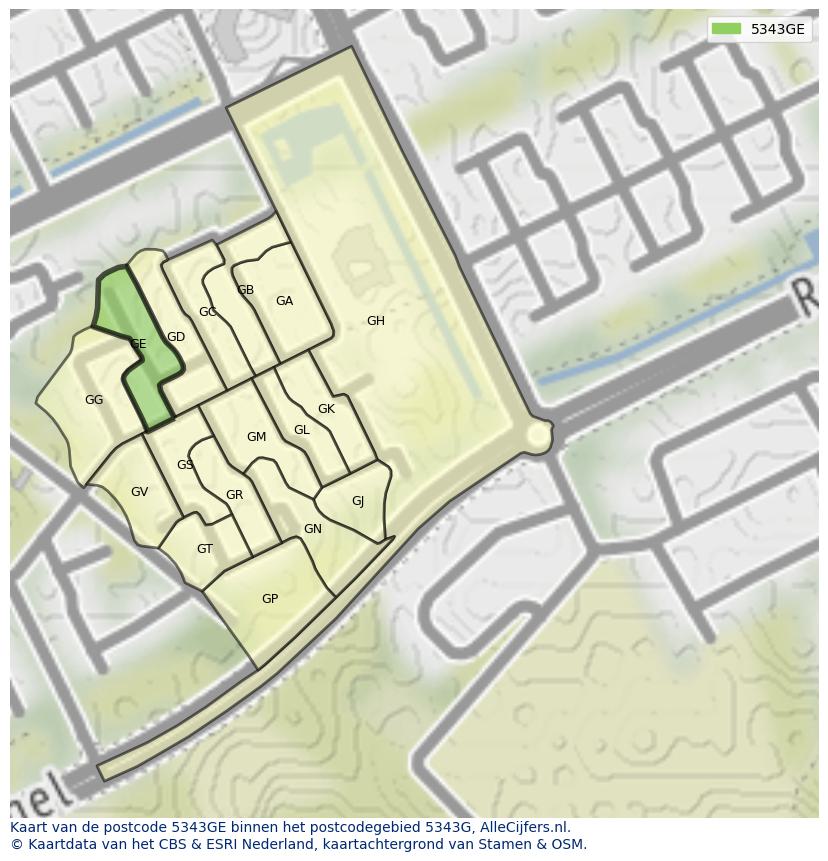 Afbeelding van het postcodegebied 5343 GE op de kaart.