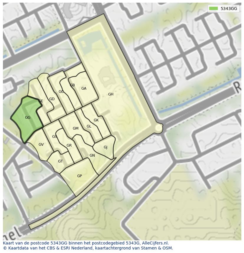 Afbeelding van het postcodegebied 5343 GG op de kaart.