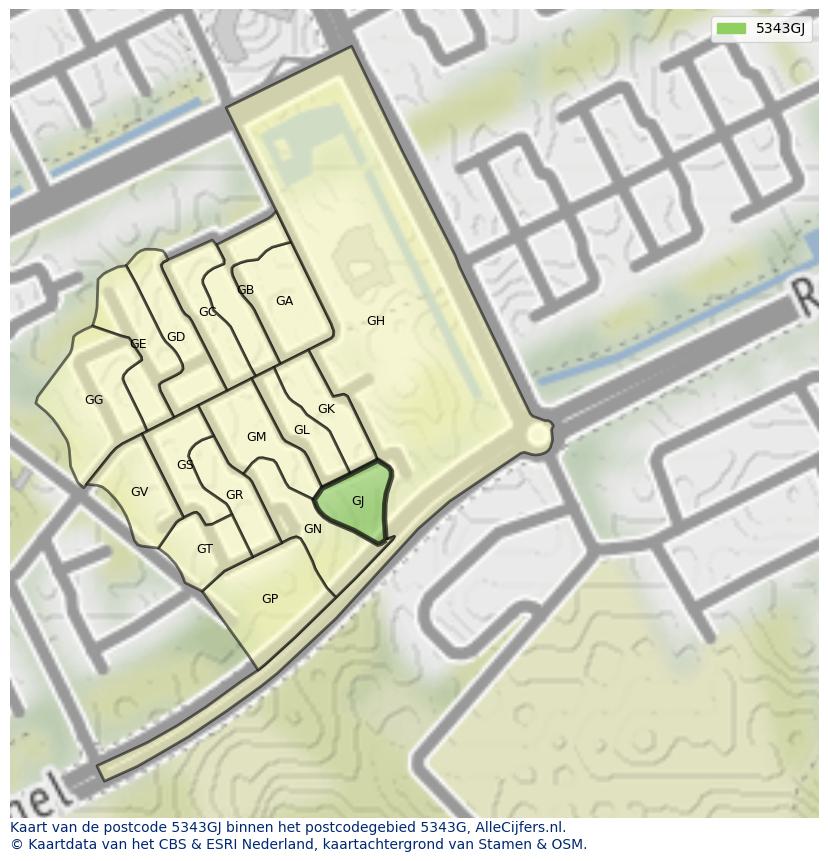 Afbeelding van het postcodegebied 5343 GJ op de kaart.