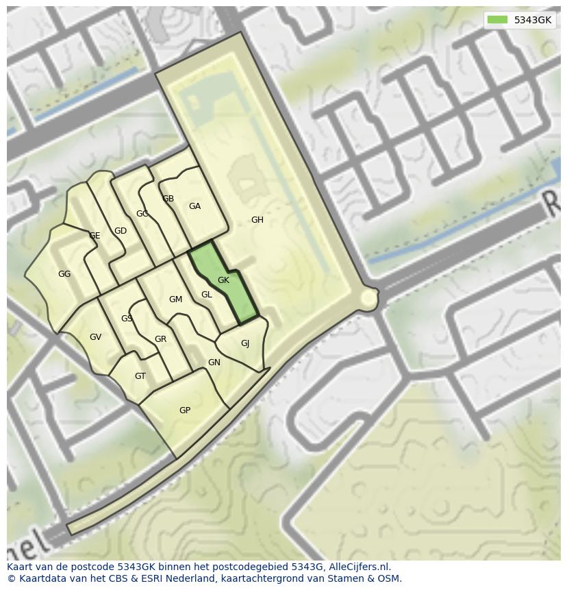 Afbeelding van het postcodegebied 5343 GK op de kaart.