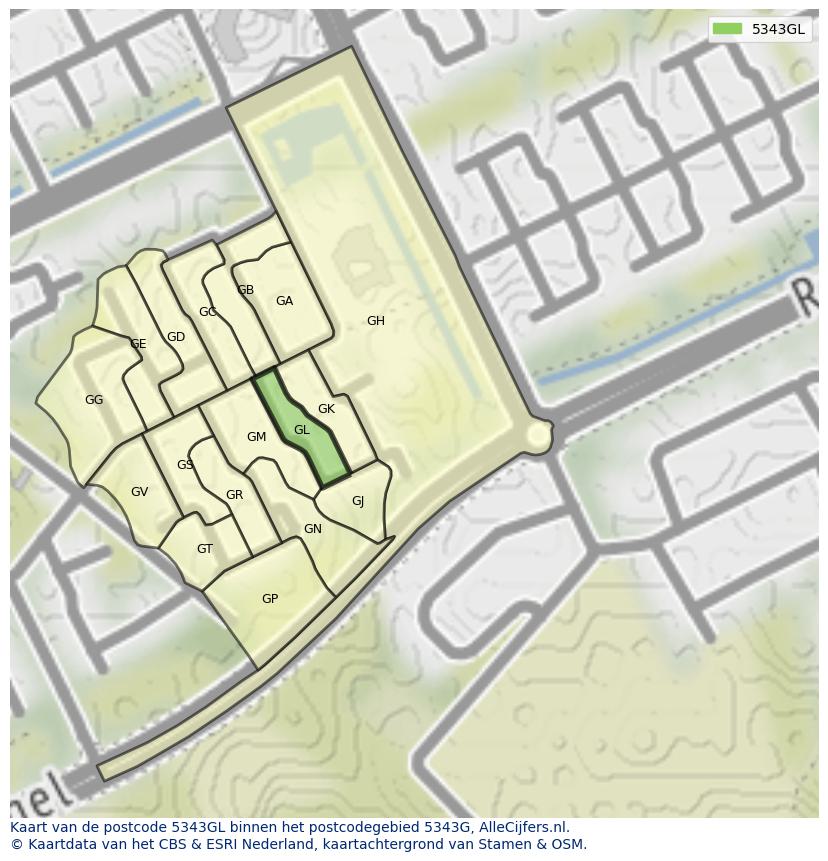 Afbeelding van het postcodegebied 5343 GL op de kaart.