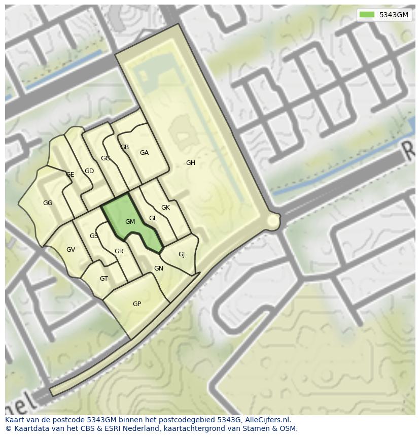 Afbeelding van het postcodegebied 5343 GM op de kaart.