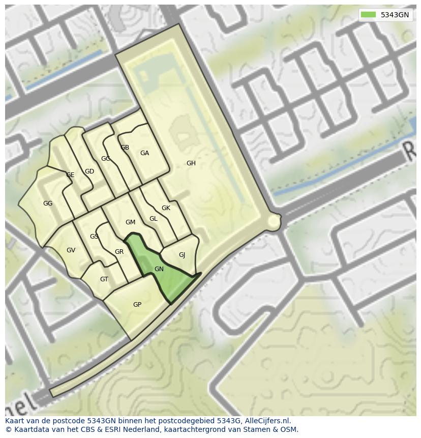 Afbeelding van het postcodegebied 5343 GN op de kaart.
