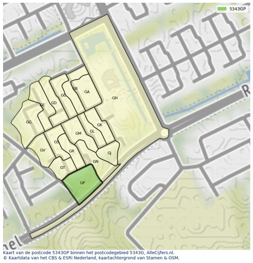 Afbeelding van het postcodegebied 5343 GP op de kaart.