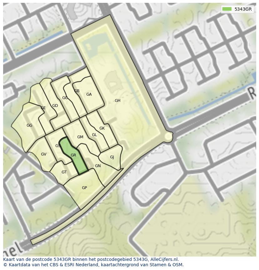Afbeelding van het postcodegebied 5343 GR op de kaart.