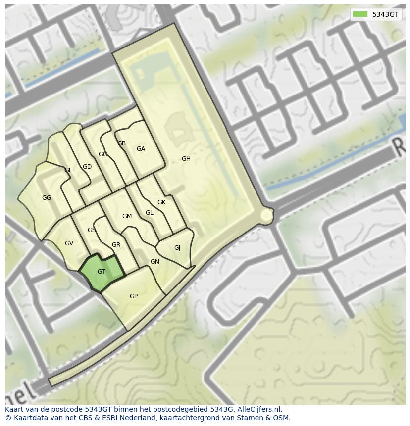 Afbeelding van het postcodegebied 5343 GT op de kaart.