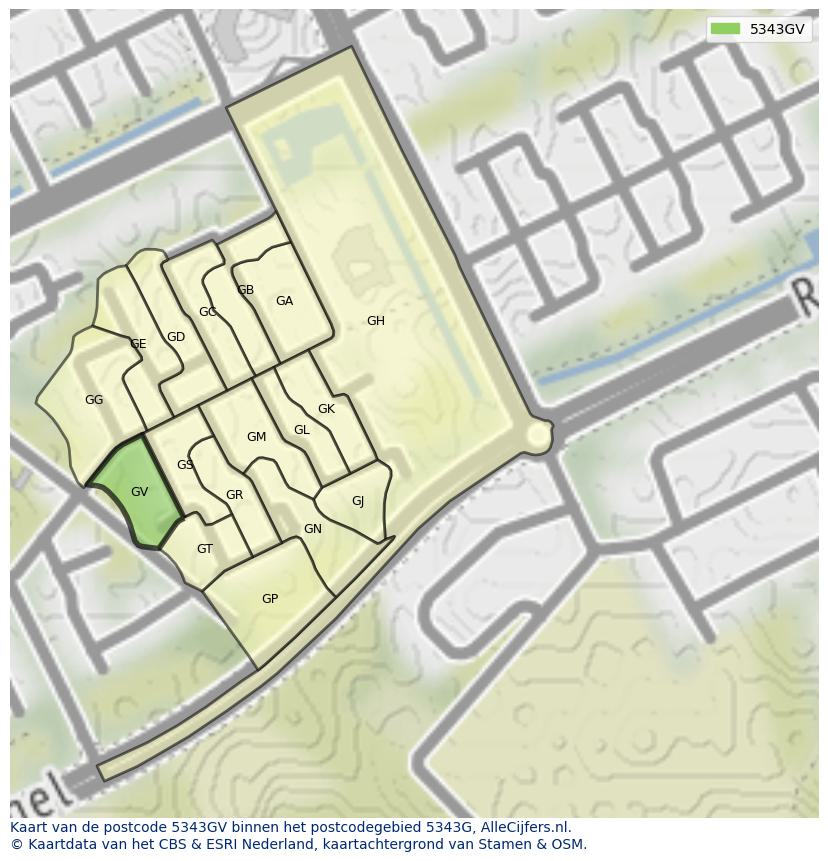 Afbeelding van het postcodegebied 5343 GV op de kaart.