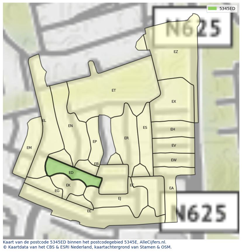 Afbeelding van het postcodegebied 5345 ED op de kaart.
