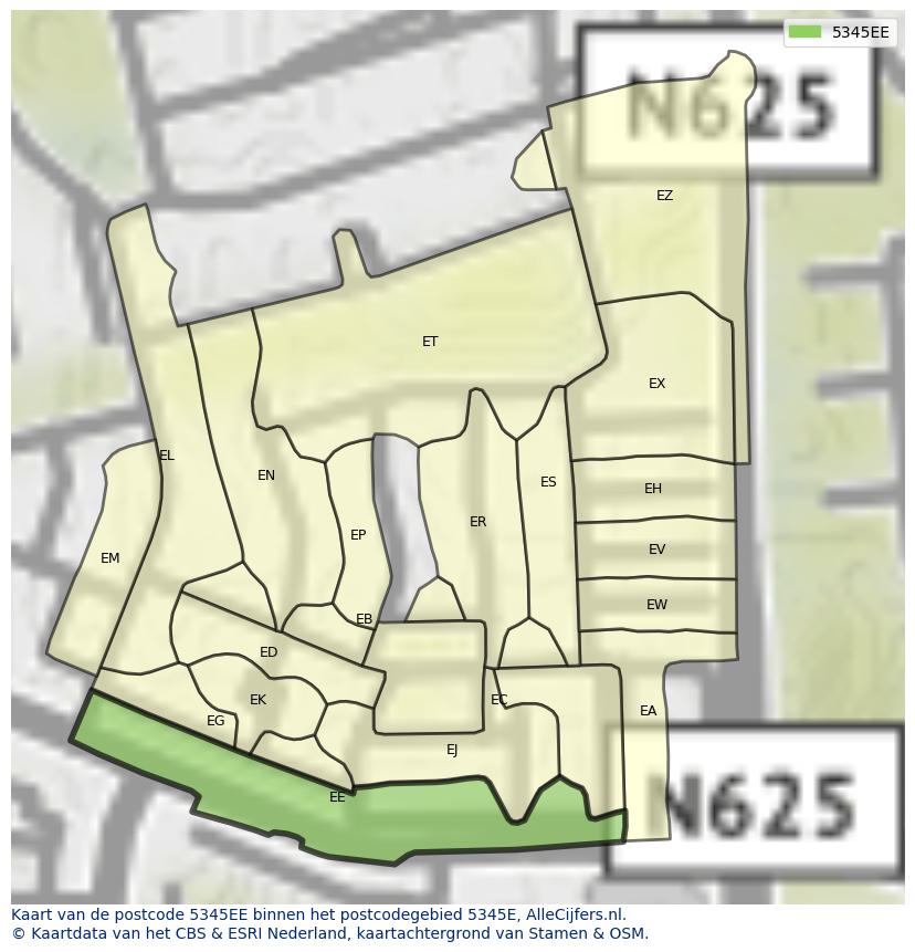 Afbeelding van het postcodegebied 5345 EE op de kaart.