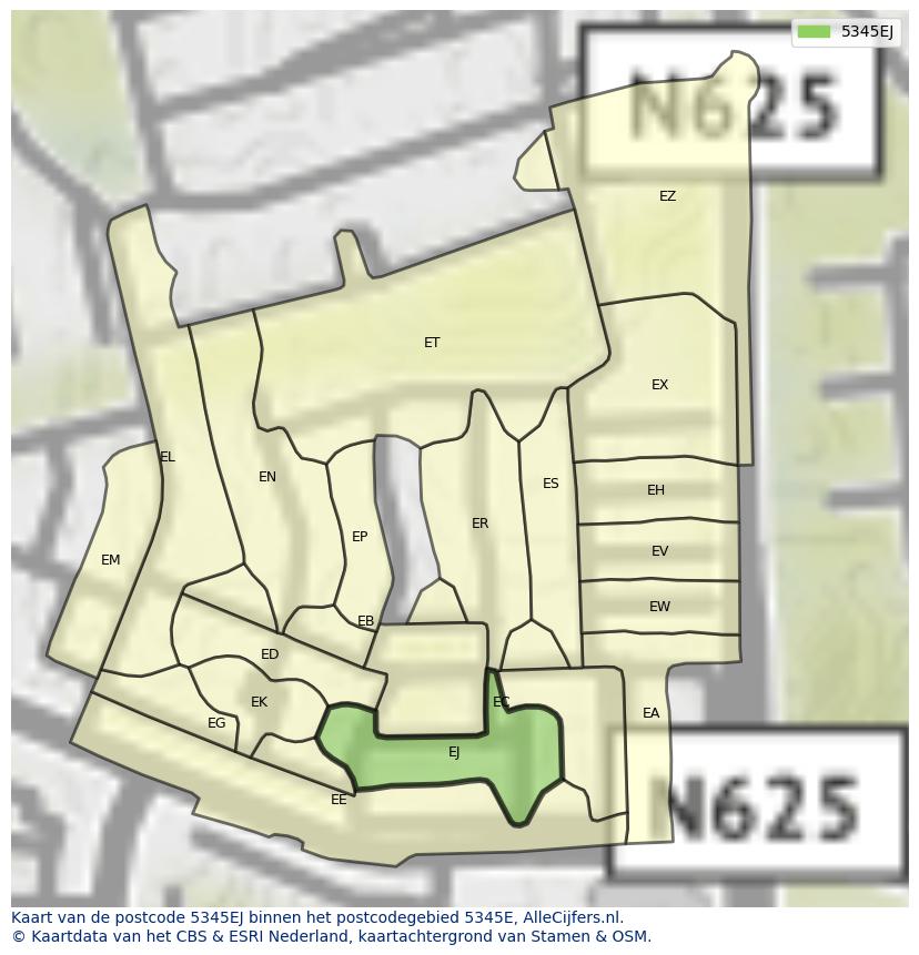 Afbeelding van het postcodegebied 5345 EJ op de kaart.