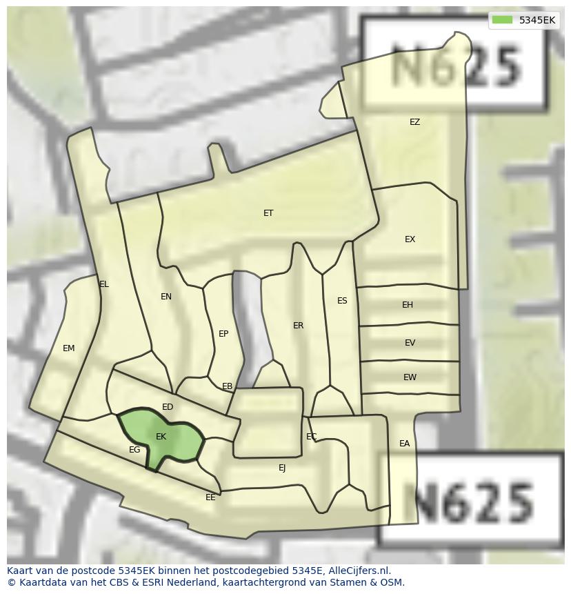 Afbeelding van het postcodegebied 5345 EK op de kaart.