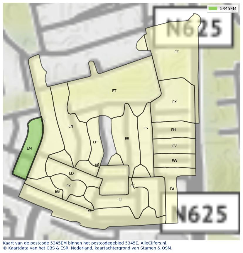Afbeelding van het postcodegebied 5345 EM op de kaart.
