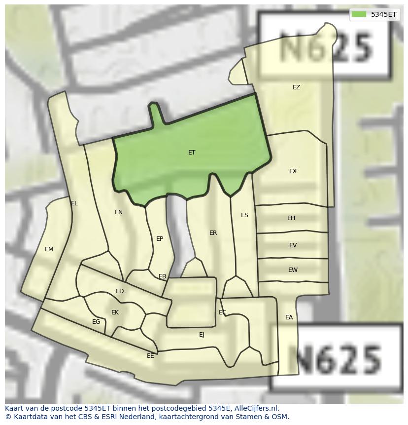 Afbeelding van het postcodegebied 5345 ET op de kaart.