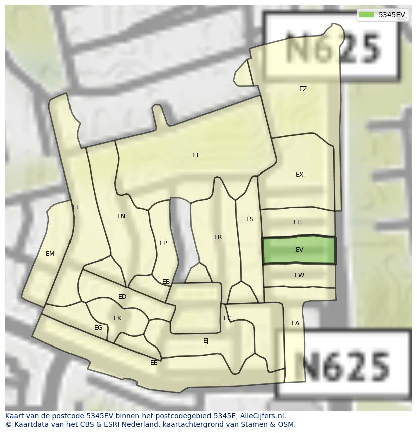 Afbeelding van het postcodegebied 5345 EV op de kaart.