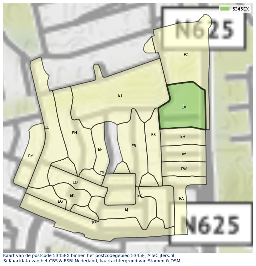 Afbeelding van het postcodegebied 5345 EX op de kaart.