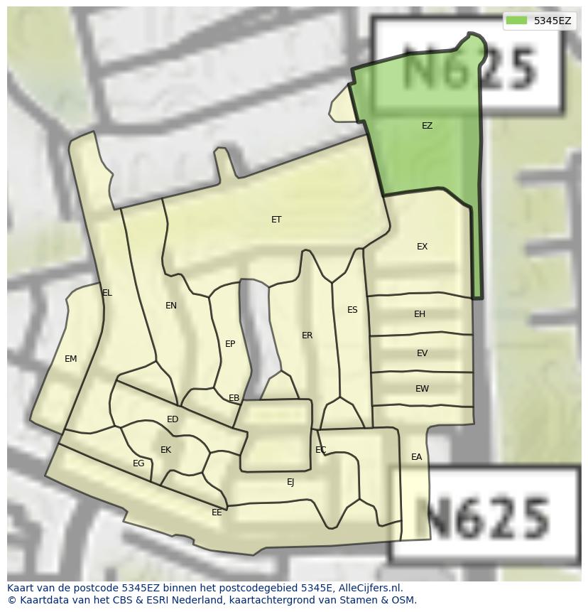 Afbeelding van het postcodegebied 5345 EZ op de kaart.