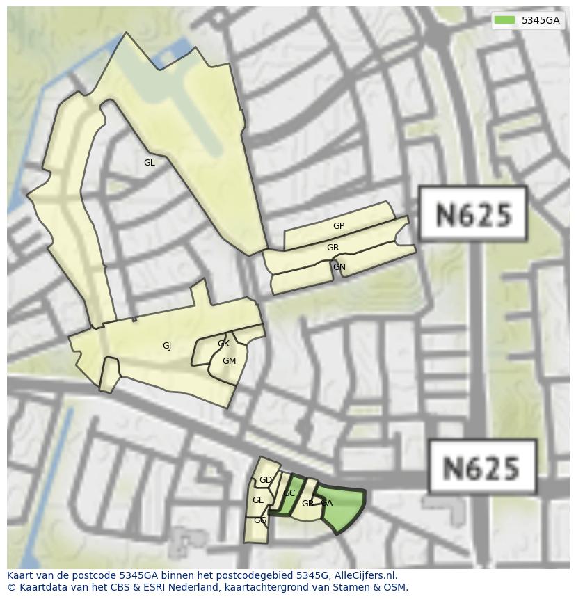 Afbeelding van het postcodegebied 5345 GA op de kaart.