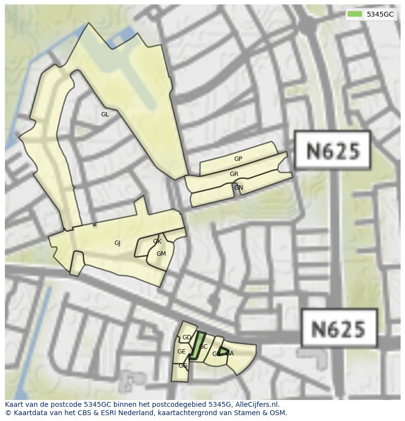Afbeelding van het postcodegebied 5345 GC op de kaart.