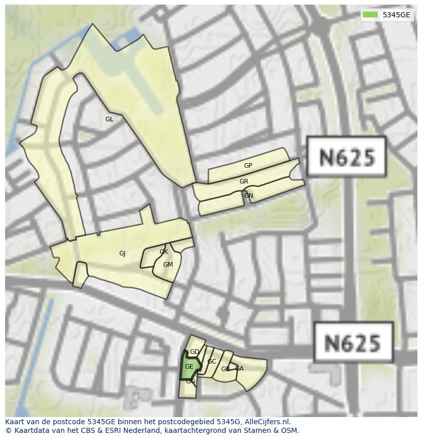 Afbeelding van het postcodegebied 5345 GE op de kaart.