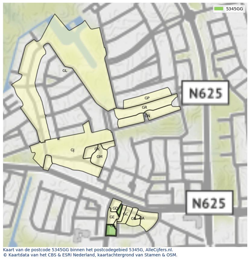 Afbeelding van het postcodegebied 5345 GG op de kaart.