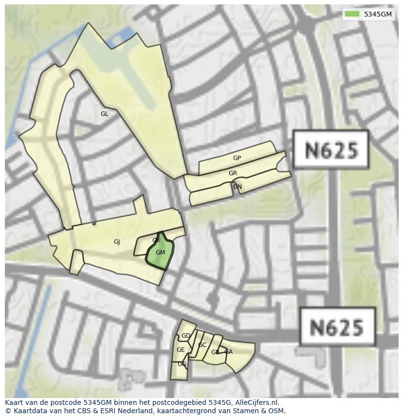 Afbeelding van het postcodegebied 5345 GM op de kaart.