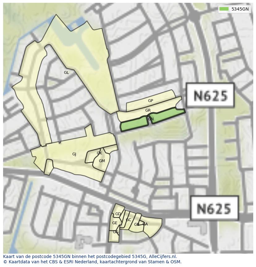 Afbeelding van het postcodegebied 5345 GN op de kaart.