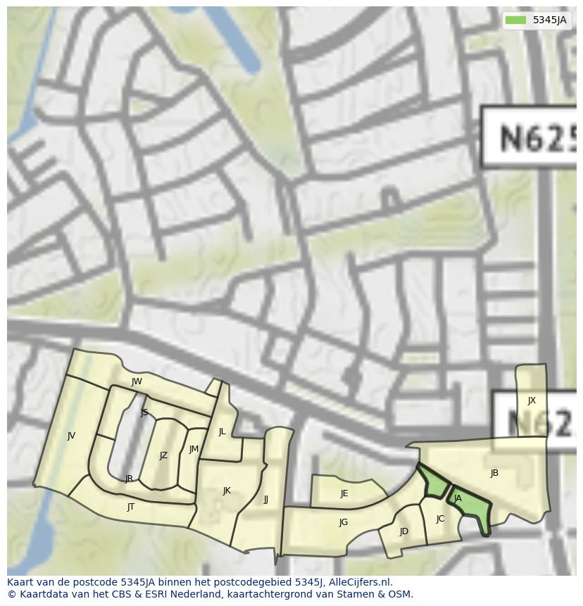 Afbeelding van het postcodegebied 5345 JA op de kaart.