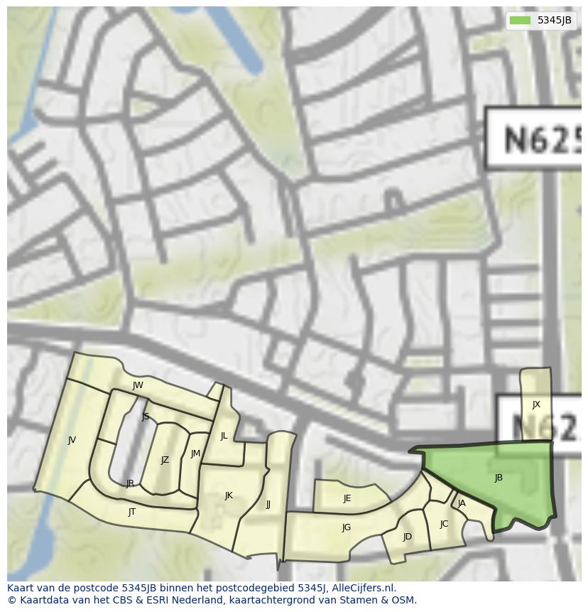 Afbeelding van het postcodegebied 5345 JB op de kaart.