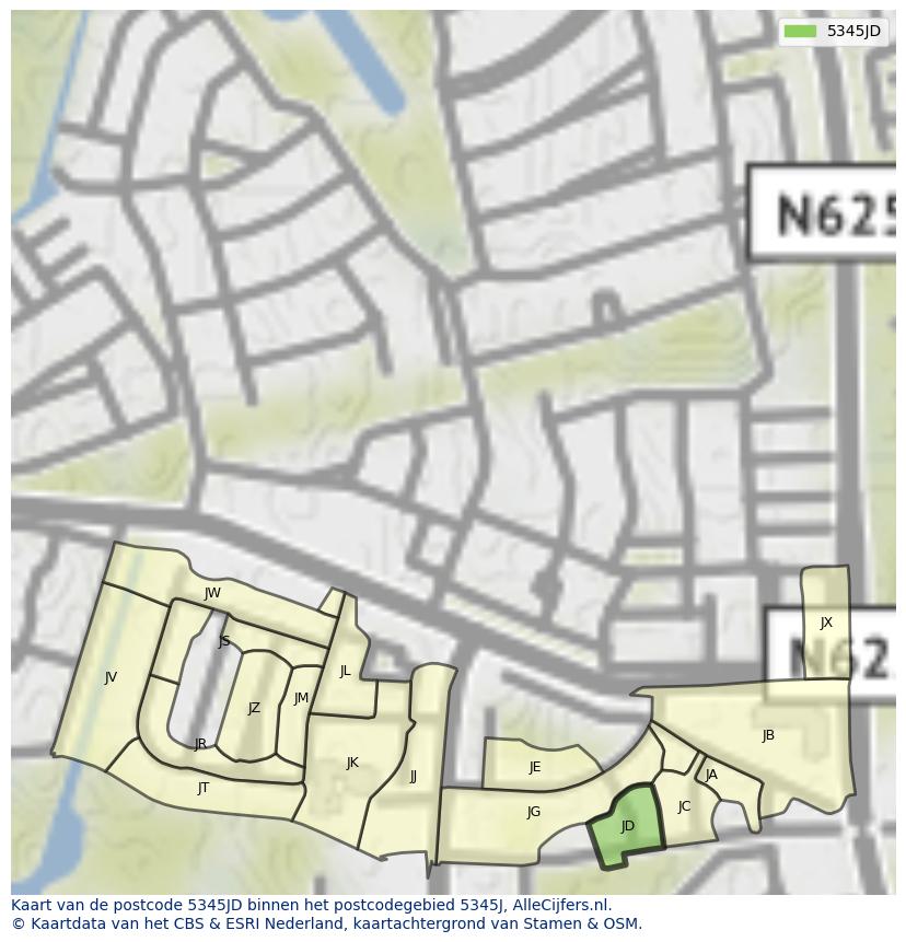 Afbeelding van het postcodegebied 5345 JD op de kaart.
