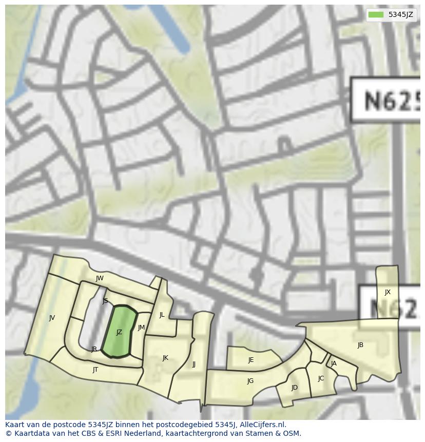 Afbeelding van het postcodegebied 5345 JZ op de kaart.