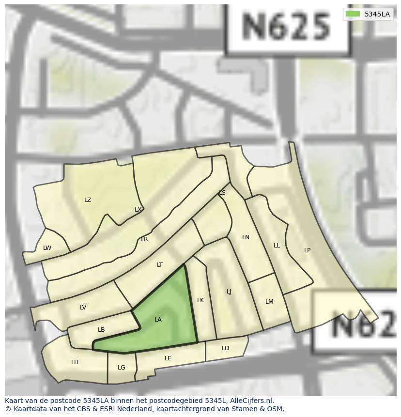 Afbeelding van het postcodegebied 5345 LA op de kaart.