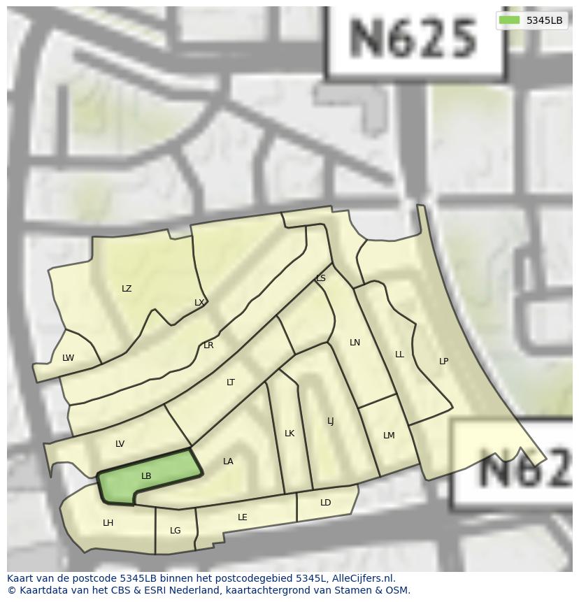 Afbeelding van het postcodegebied 5345 LB op de kaart.
