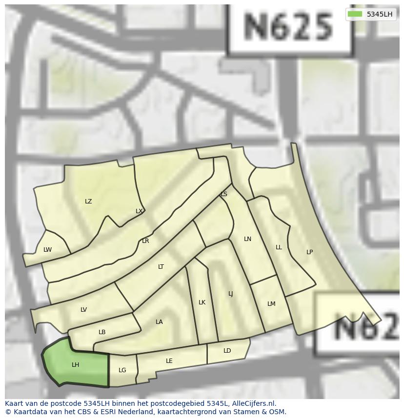 Afbeelding van het postcodegebied 5345 LH op de kaart.