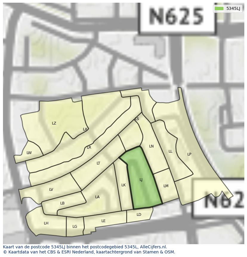 Afbeelding van het postcodegebied 5345 LJ op de kaart.