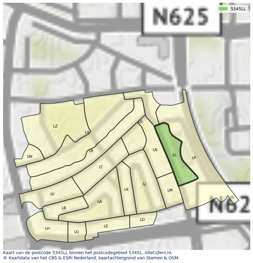 Afbeelding van het postcodegebied 5345 LL op de kaart.