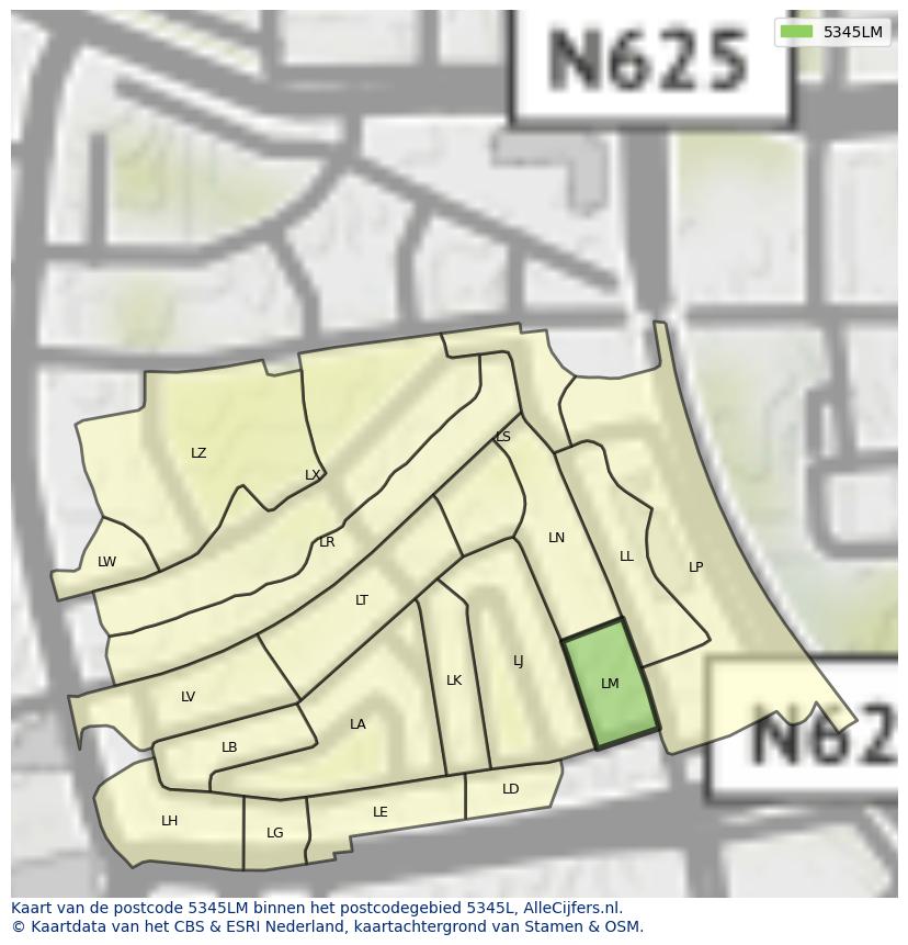 Afbeelding van het postcodegebied 5345 LM op de kaart.