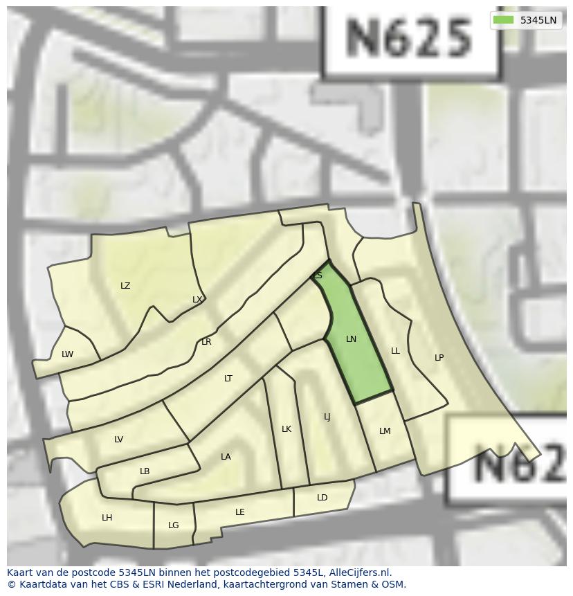 Afbeelding van het postcodegebied 5345 LN op de kaart.