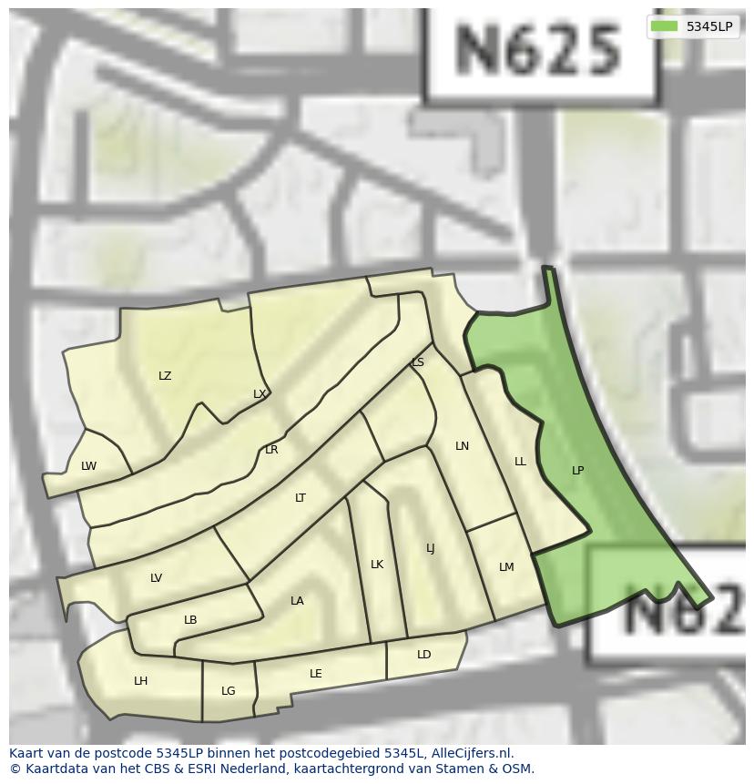 Afbeelding van het postcodegebied 5345 LP op de kaart.